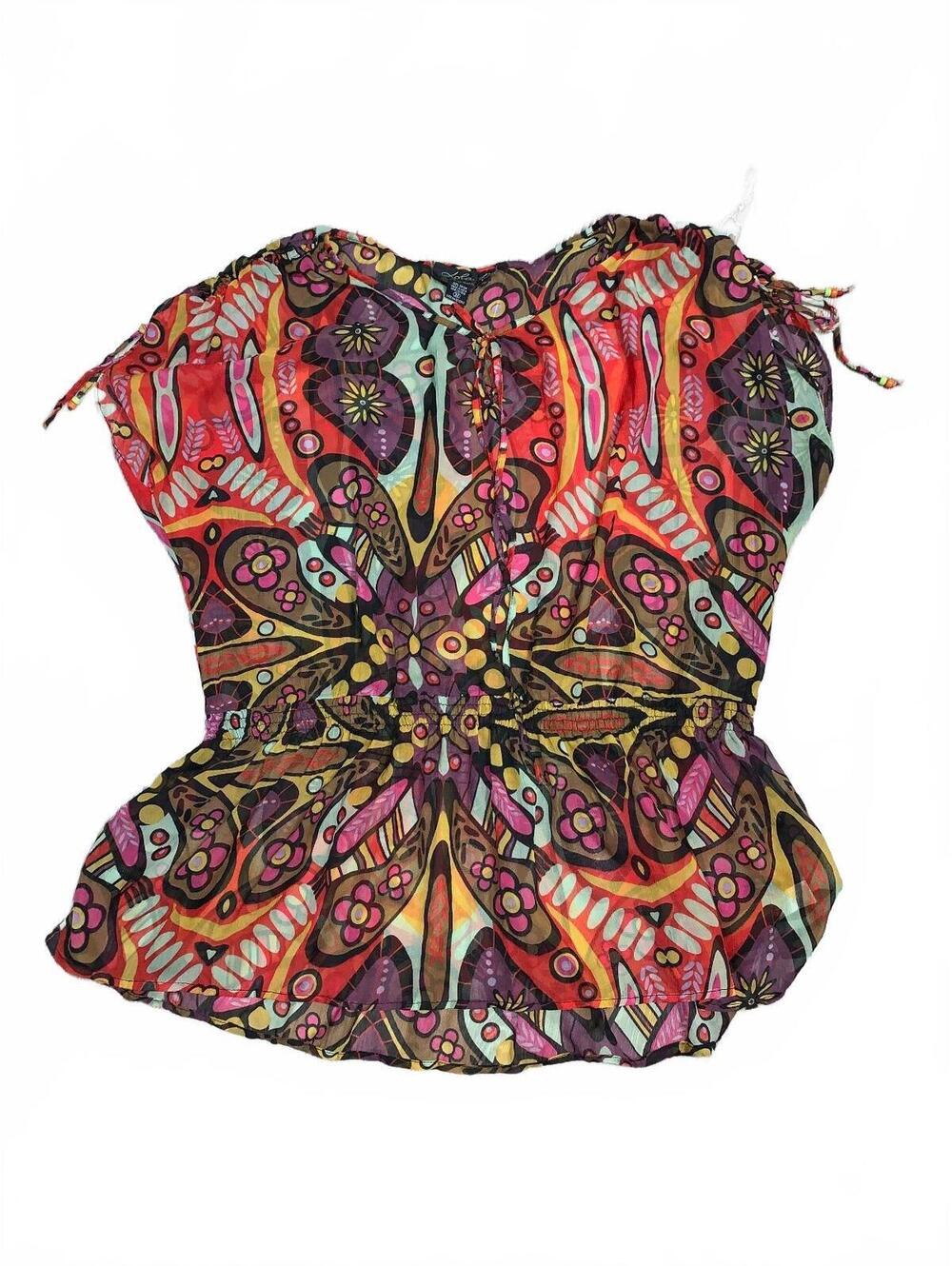 Lola P. Women's 3X Rayon Multicolor Abstract Print Blouse with Drawstring Waist